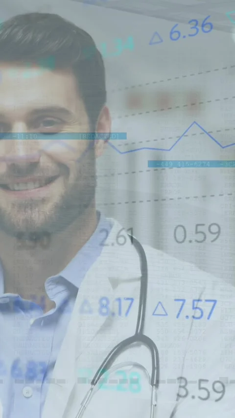 Animation of data processing and statistics over male doctor with stethoscope Stock Footage 344525570