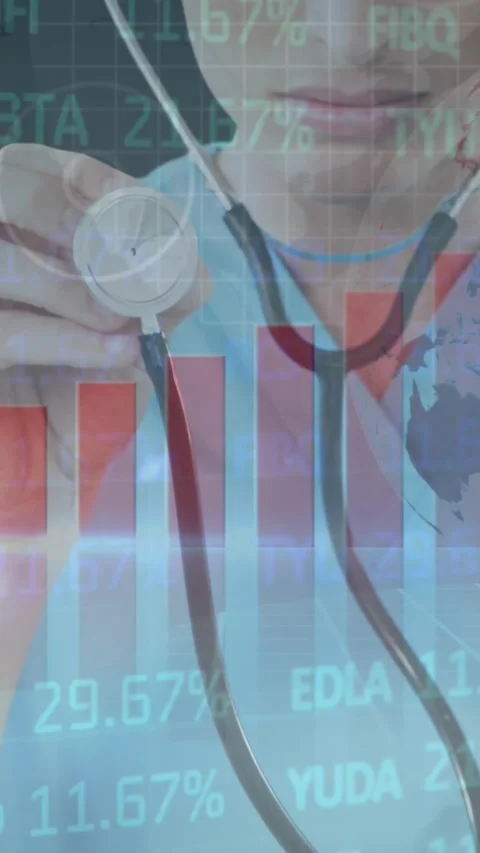 Animation of data processing and statistics over female doctor with stethoscope Stock Footage 344525574