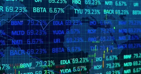 Animation of data processing and stock market over world map on blue background Stock Footage 329225915