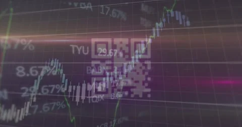 Animation of data processing and stock market over qr code Stock Footage 330402869