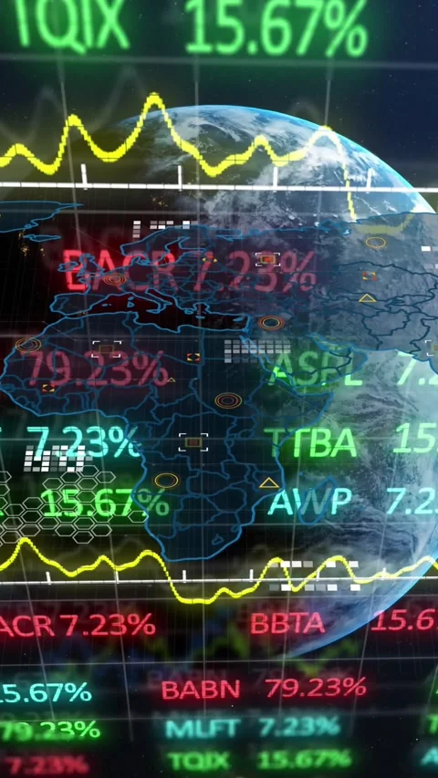 Animation of data processing and stock market over globe and world map on blue Stock Footage 341927053