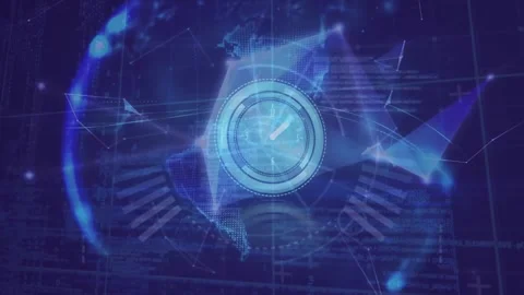 Animation of data processing and ticking clock over globe of plexus networks on Stock Footage 328087518