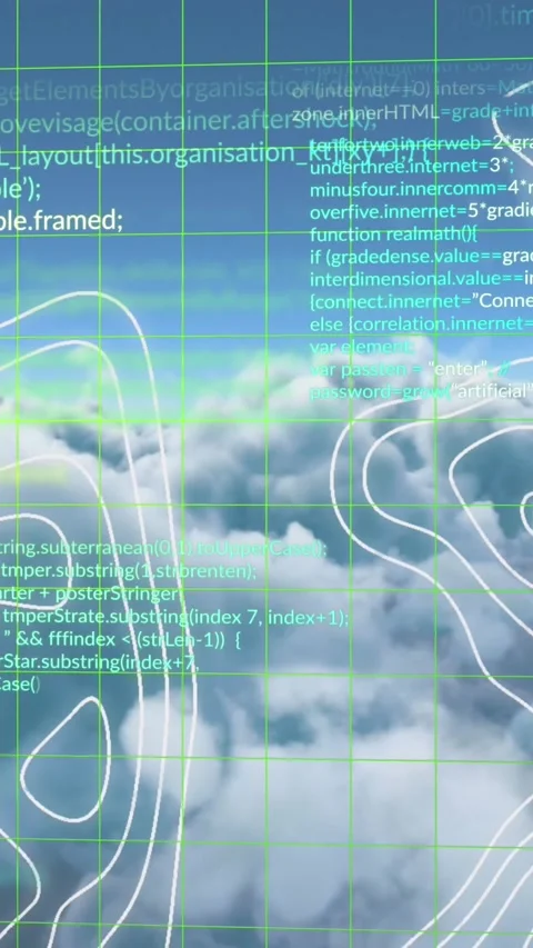 Animation of data processing and topography over grid network against clouds in Stock Footage 344693522