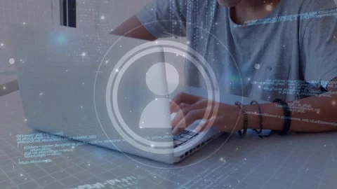 Animation of data processing and user icon over asian boy using laptop at school Vídeos de archivo 328239649