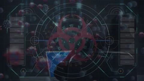 Animation of data processing and virus cells over caucasian male hacker in Stock Footage 328588451