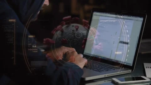 Animation of data processing and virus cell over caucasian male hacker in server Stock Footage 329705310