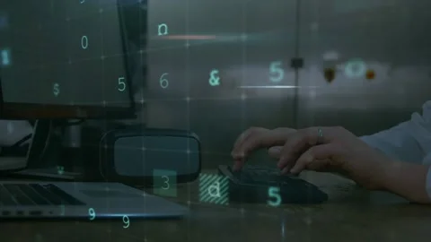 Animation of data processing and warning text over men using computer Stock Footage 328009428