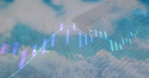 Animation of data processing and world map over tall building against clouds in Vídeos de archivo 238384594