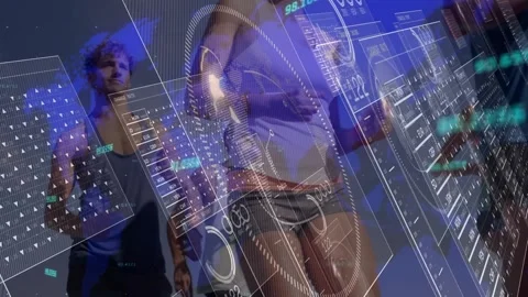 Animation of data processing and world map over diverse people running at beach Stock Footage 328235297