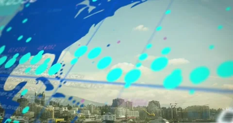 Animation of data processing and world map over grid network against aerial view Stock Footage 328311830