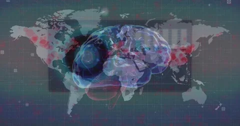 Animation of data processing and world map over brain Stock Footage 328359455