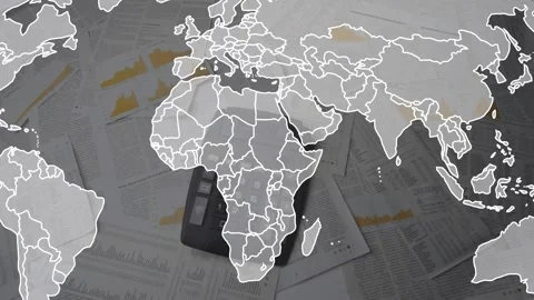 Animation of data processing and world map over documents Stock Footage 328359750