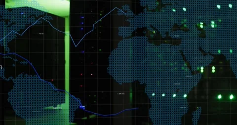 Animation of data processing and world map over computer servers Stock Footage 328969471