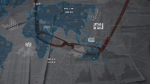 Animation of data processing and world map over documents Stock Footage 329032583