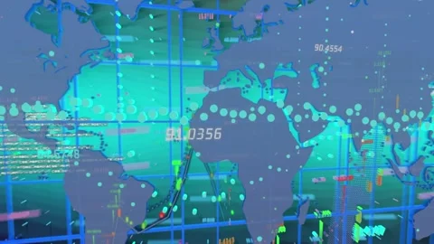 Animation of data processing and world map over blue background Stock Footage 329033186