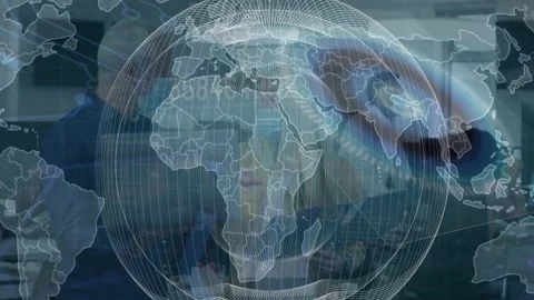 Animation of data processing and world map over diverse business people with Stock Footage 329288938