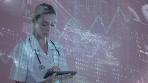 Animation of data processing and world map over caucasian female doctor using Stock Footage 329781128