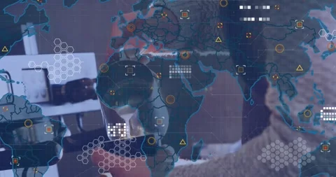 Animation of data processing and world map over mid section of male barista Stock Footage 329857599