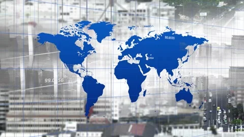 Animation of data processing and world map over cityscape Stock Footage 329919895