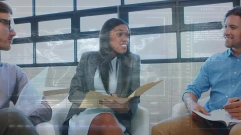Animation of data processing and world map over diverse business people working Stock Footage 330061492
