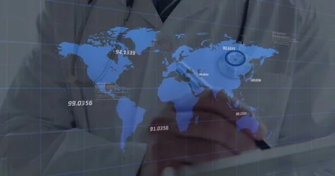 Animation of data processing and world map over caucasian male doctor writing on Stock Footage 330061941