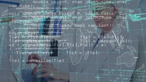Animation of data processing and world map over caucasian female doctor using Stock Footage 330105073