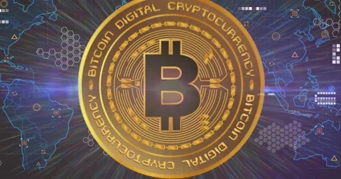 Animation of data processing and world map over bitcoin Stock Footage 330105629