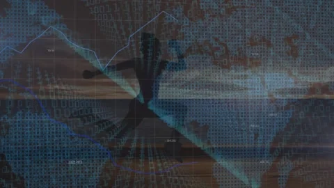 Animation of data processing and world map over woman running at beach Stock Footage 330171688