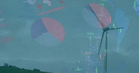 Animation of data processing and world map over wind turbine Stock Footage 330294979