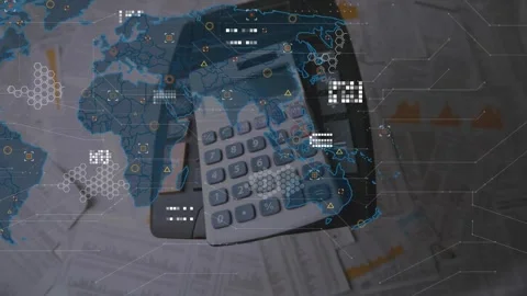 Animation of data processing and world map over documents Stock Footage 330341750