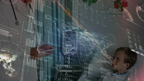 Animation of data processing and world map over diverse doctor and patient Stock Footage 330406862