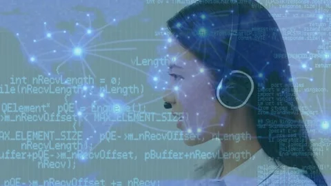 Animation of data processing and world map over businesswoman using phone Stock Footage 330412487