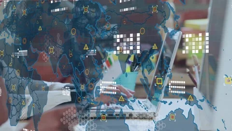 Animation of data processing and world map over mid section of woman using Stock Footage 330474124