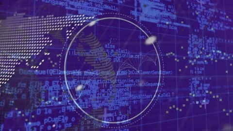 Animation of data processing and world map on blue background Stock Footage 330474956