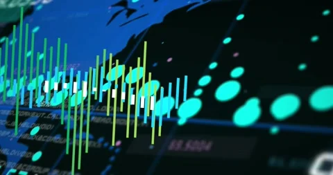 Animation of data processing and world map over grid network against black Stock Footage 330475518