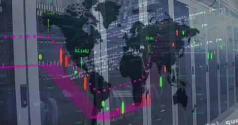 Animation of data processing and world map over computer servers Stock Footage 330479043