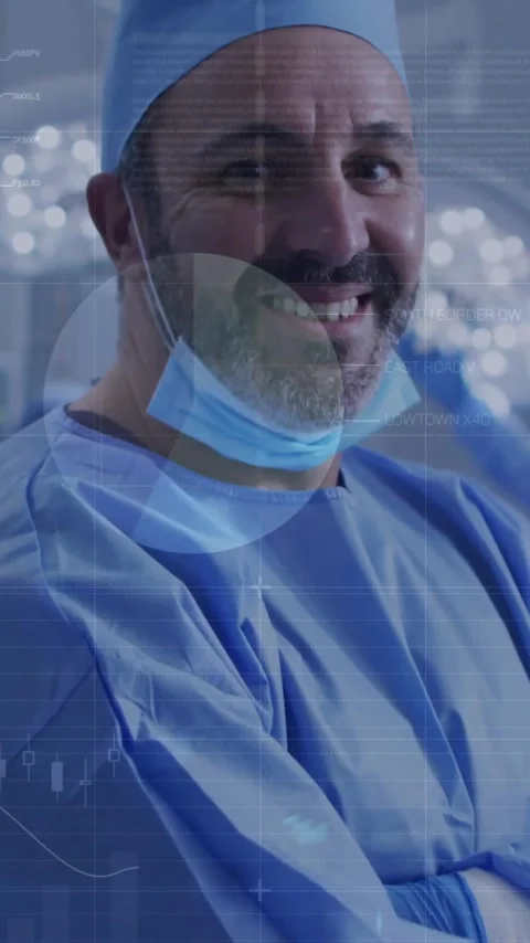 Animation of data processing and world map over diverse surgeons in operating Stock Footage 342613151