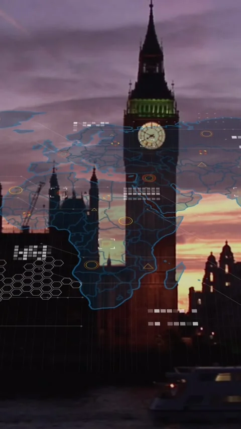 Animation of data processing and world map against city traffic and big ben Stock Footage 343721392
