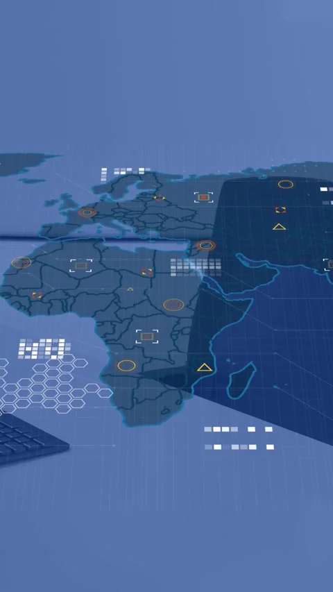 Animation of data processing and world map over desk with computer Stock Footage 344525448
