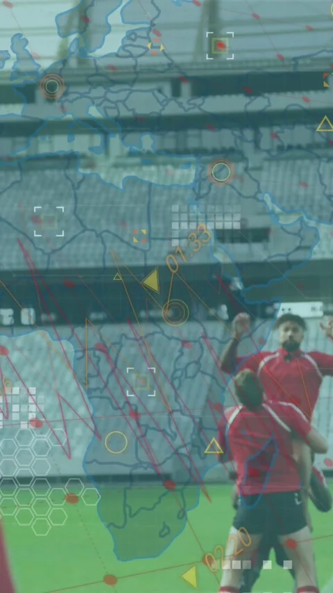 Animation of data processing and world map over diverse rugby players at stadium Stock Footage 344613755