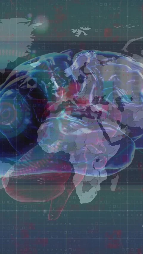 Animation of data processing and world map over brain Stock Footage 344693819