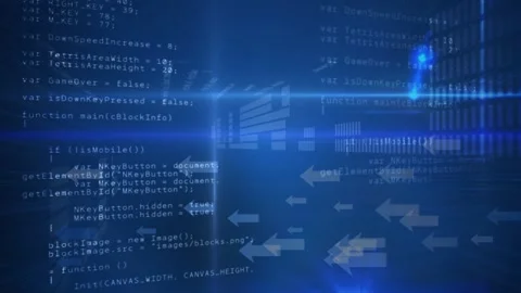 Animation of data processing arrows and binary coding on blue background Stock Footage 330402180