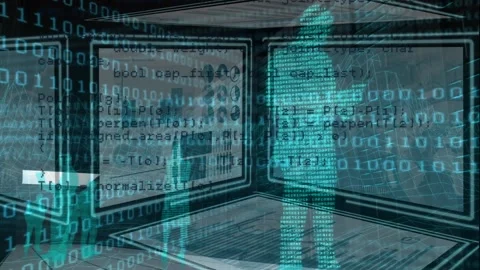 Animation of data processing, binary code and human silhouette over digital Video stock 330478546