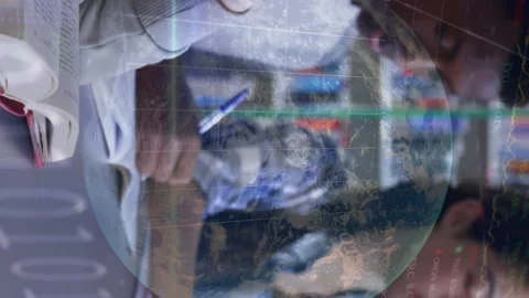 Animation of data processing binary coding over students in classroom Video stock 312287613
