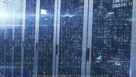 Animation of data processing binary coding over computer servers in background Stock Footage 326101563