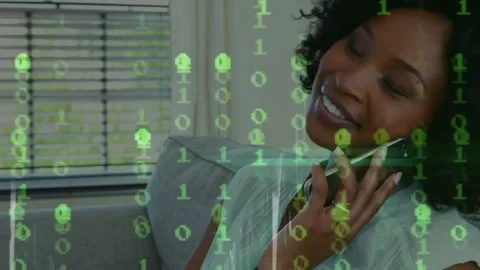 Animation of data processing binary coding over woman using smartphone Stock Footage 327714582