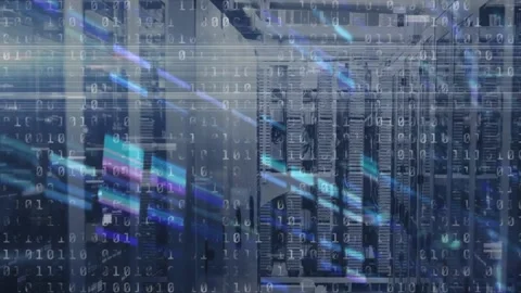 Animation of data processing binary coding over computer servers in background Stock Footage 329288477