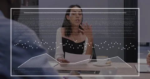 Animation of data processing on biracial woman with document discussing with Stock Footage 253989560