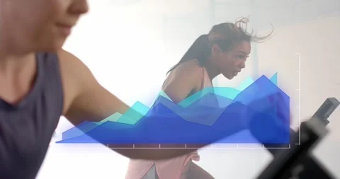 Animation of data processing on blue graph over diverse women cross training on Stock Footage 328403123
