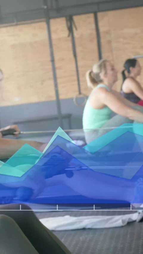 Animation of data processing on blue graph over diverse women training on rowing Stock Footage 343641280